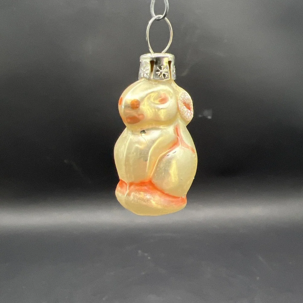 Vintage Czech Republic Glass Mini Bunny Rabbit Christmas Ornament Snowflake Cap